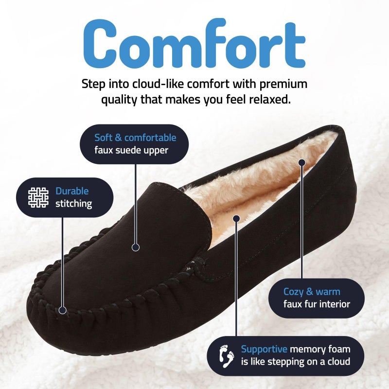Floopi Women Slippers Moccasins, Soft Faux Fur Lining with Cozy Memory Foam, Ladies House Slippers for Women with Indoor & Outdoor Anti-Skid Sole (8 - Black) - Image 2